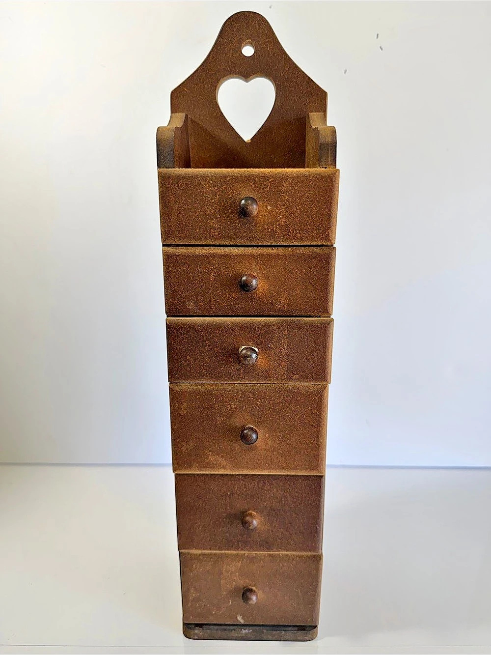 Vintage Wood 6 Drawer Vertical Spice Cabinet Heart Cutout Cottagecore Farmhouse